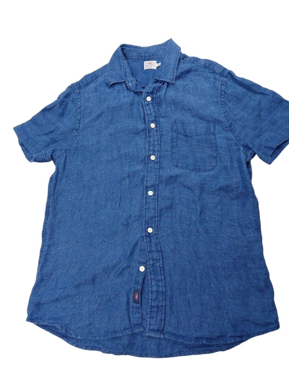 Faherty Brand Mens LSZ M Indigo Blue 100% Linen Short Sleeve Button Shirt